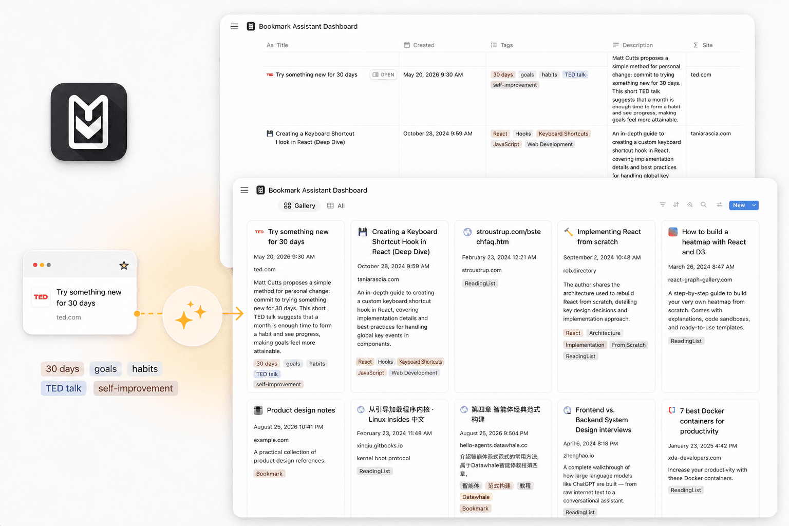 Bookmark Assistant turning a saved browser page into organized Notion entries with summaries and topic tags