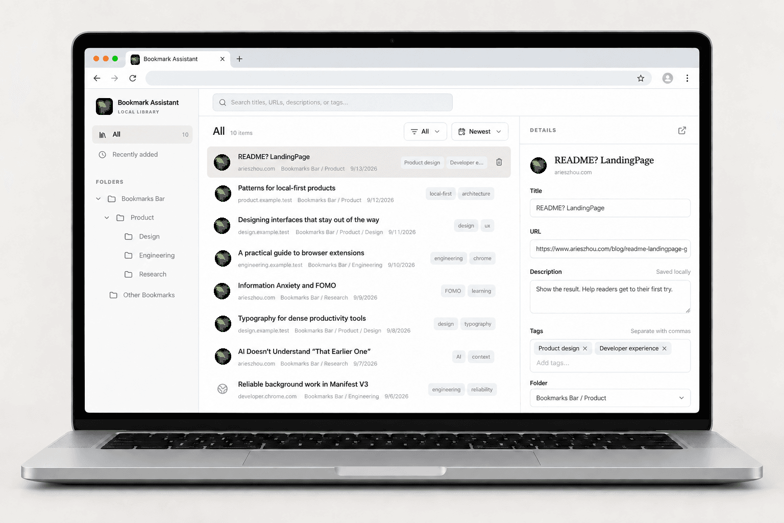 Bookmark Assistant local Chrome bookmark manager showing search, folders, descriptions, and tags